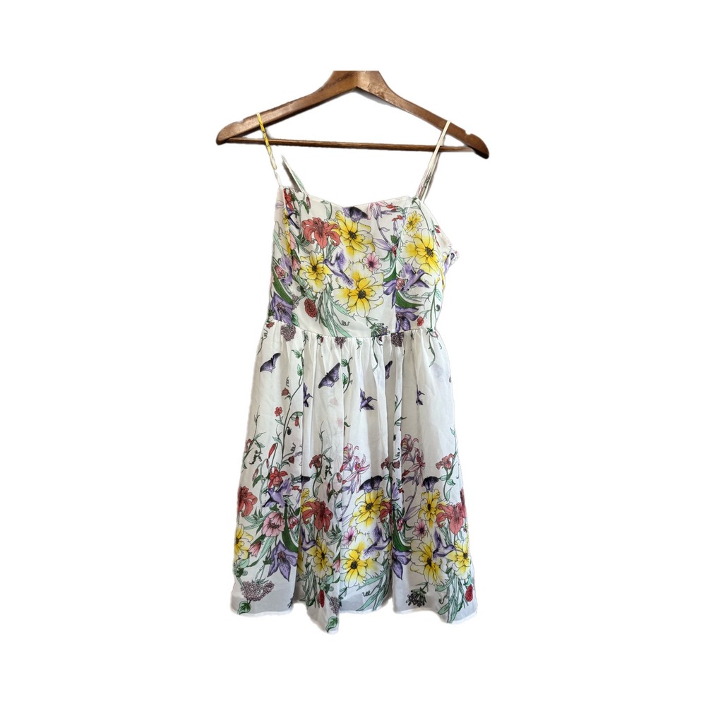 Forever 21 Floral Hummingbird Dress Womens Small White Excellent Smocked Mini